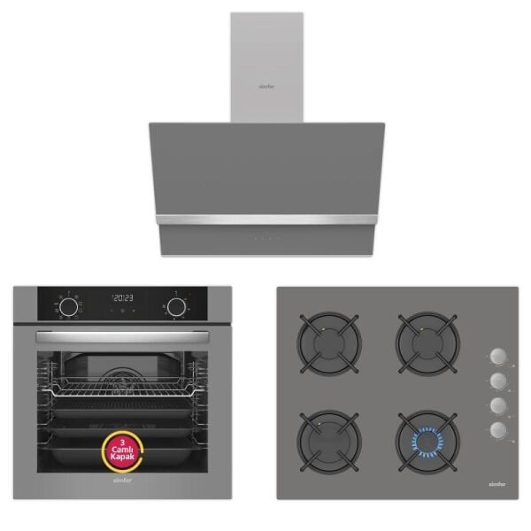 Simfer 10 Fonksiyon Airfry Gri 3'lü Ankastre Set (8217 Fırın + 3538 Ocak + 8740 Davlumbaz)