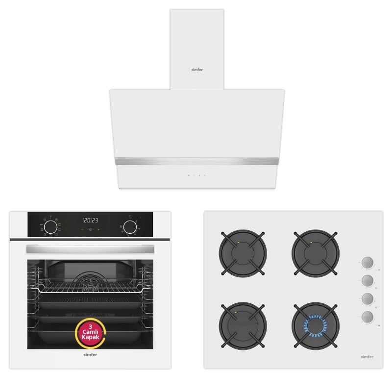 Simfer 10 Fonksiyon Airfry Beyaz 3'lü Ankastre Set (8216 Fırın + 3507 Ocak + 8739 Davlumbaz)